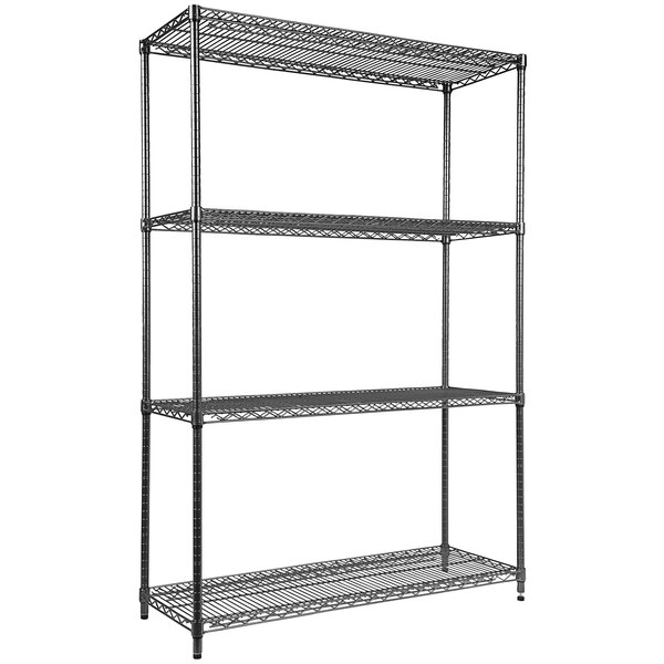 A black metal Alera wire shelving unit with four shelves.