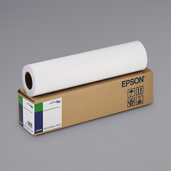 A roll of Epson white matte paper on top of a box with the Epson logo.