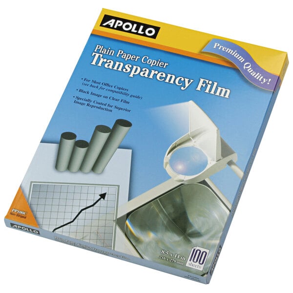 A box of Apollo clear transparency film with a graph on a piece of clear film.