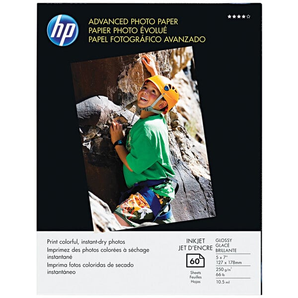 HP Inc. Advanced Glossy White Photo Paper - 60 Sheets package with white background.
