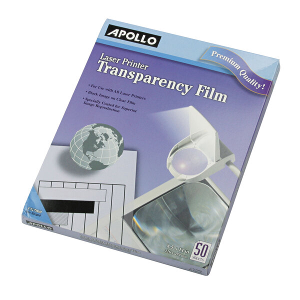 A box of Apollo laser printer transparency film with white and black writing. The film is clear.