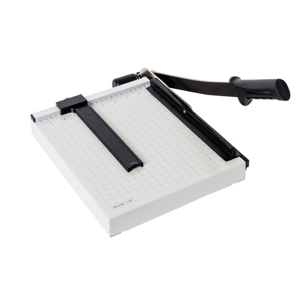 A white Dahle guillotine paper cutter with a black handle.