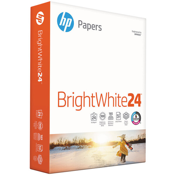 A white box of HP Inc. Bright White 24lb paper.