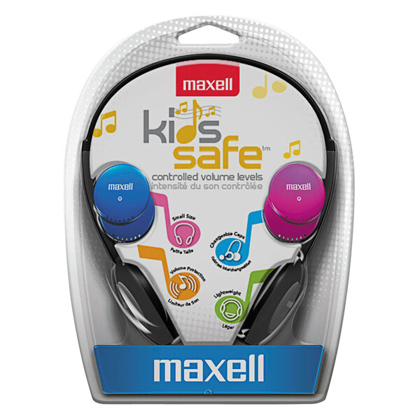 A package of Maxell kid-safe headphones in pink, blue, and silver.