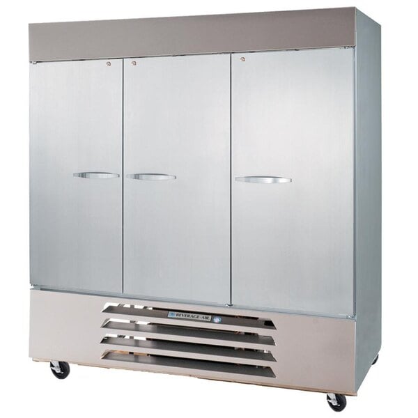 A Beverage-Air Horizon Series three section dual temperature reach-in refrigerator / freezer on wheels with two doors.