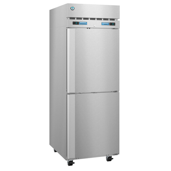 A stainless steel Hoshizaki dual temperature refrigerator/freezer with two solid doors.