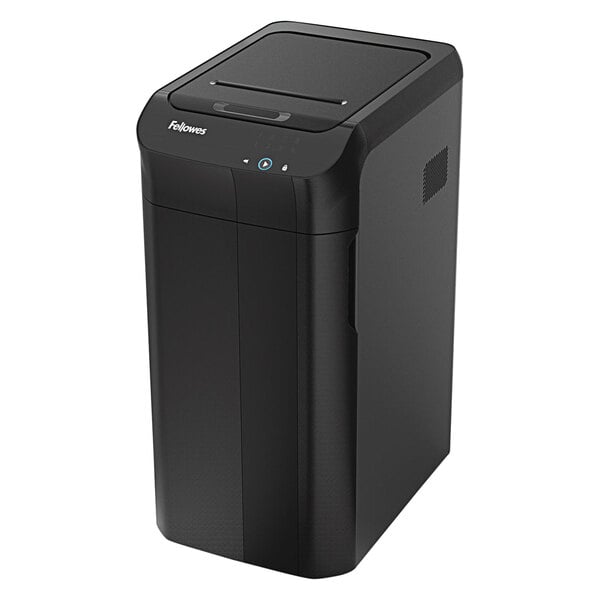 A black Fellowes AutoMax 550C shredder with a blue button.