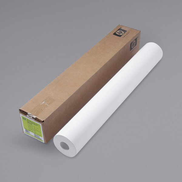 A HP white paper roll next to a box with white packaging.