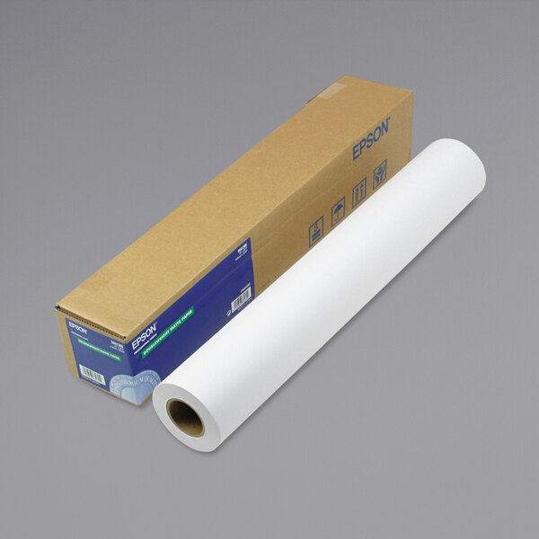 A roll of Epson white double weight matte paper next to a cardboard box.