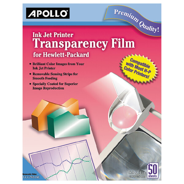 A box of Apollo quick-dry color inkjet transparency film with a white handling strip.