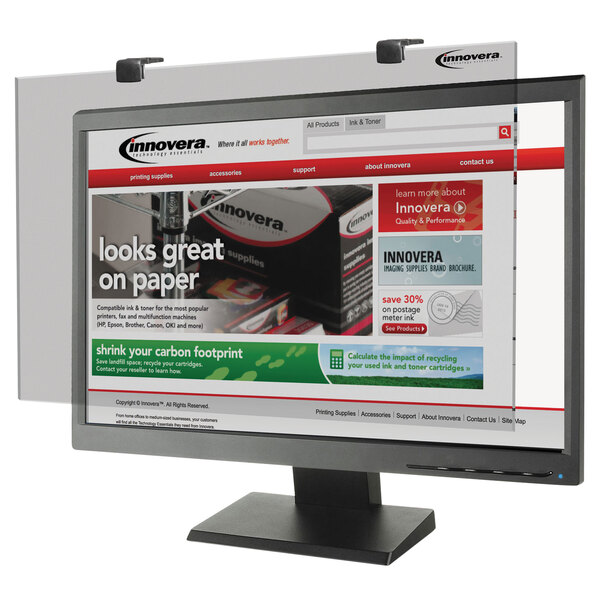 A computer monitor with an Innovera antiglare screen cover displaying a white background.