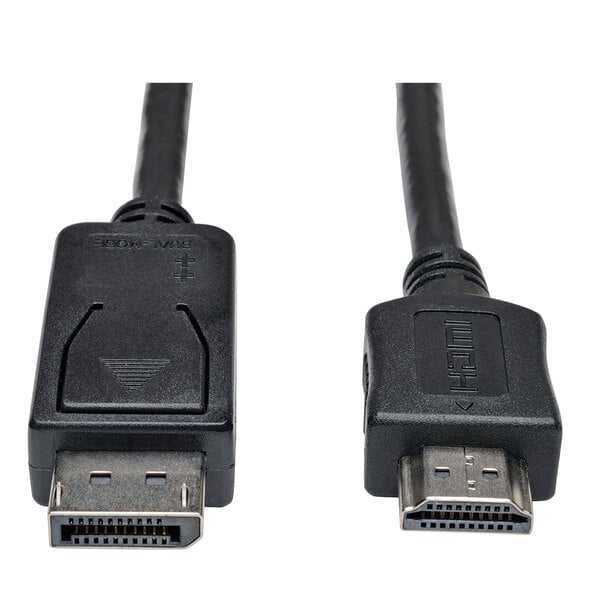A close-up of a black Tripp Lite DisplayPort to HDMI monitor cable.