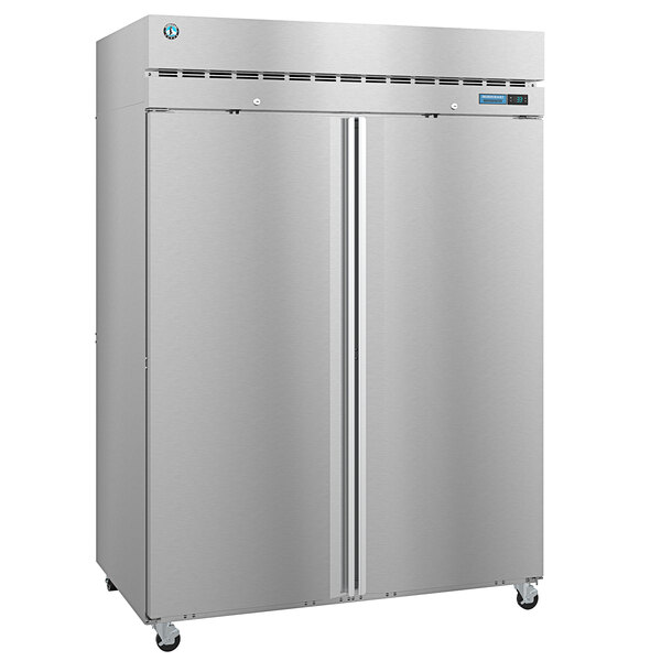 A silver Hoshizaki reach-in refrigerator with two stainless steel doors.