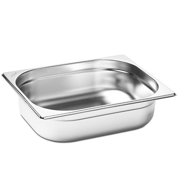 A stainless steel Merrychef half size steam table pan with a lid.
