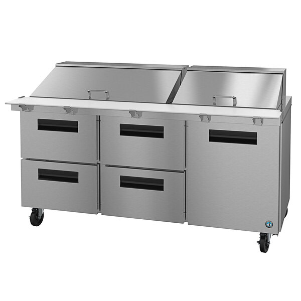 A stainless steel Hoshizaki refrigerated sandwich prep table with 4 drawers.