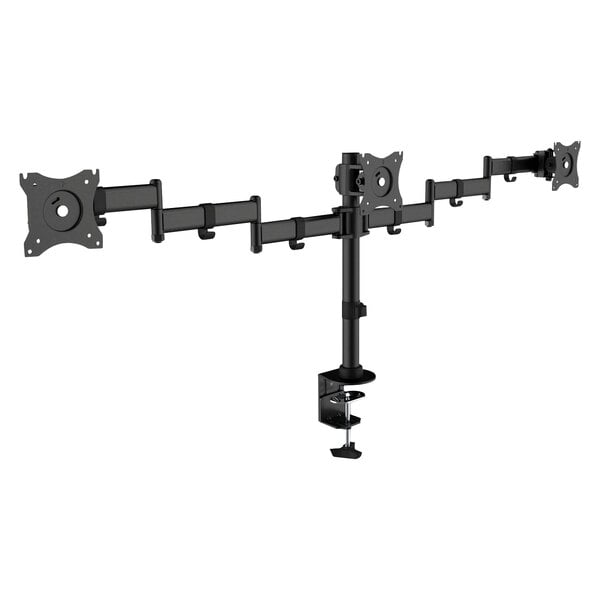 A black triple monitor arm with three arms.