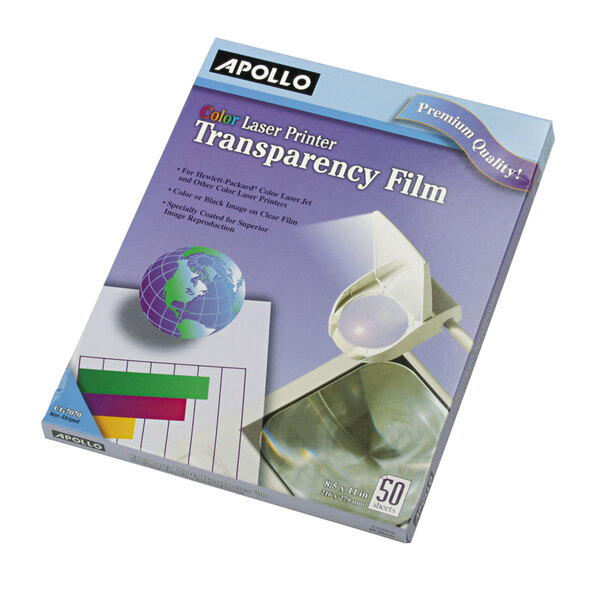 A box of 50 white Apollo laser transparency film sheets.