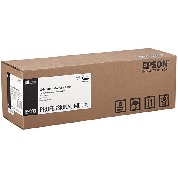 A brown box with white label for Epson S045249 satin white exhibition canvas.