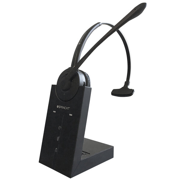 A black Spracht DECT headset with a microphone.