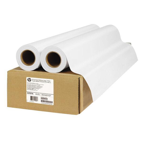 A box of HP Universal Adhesive Vinyl rolls with white labels.
