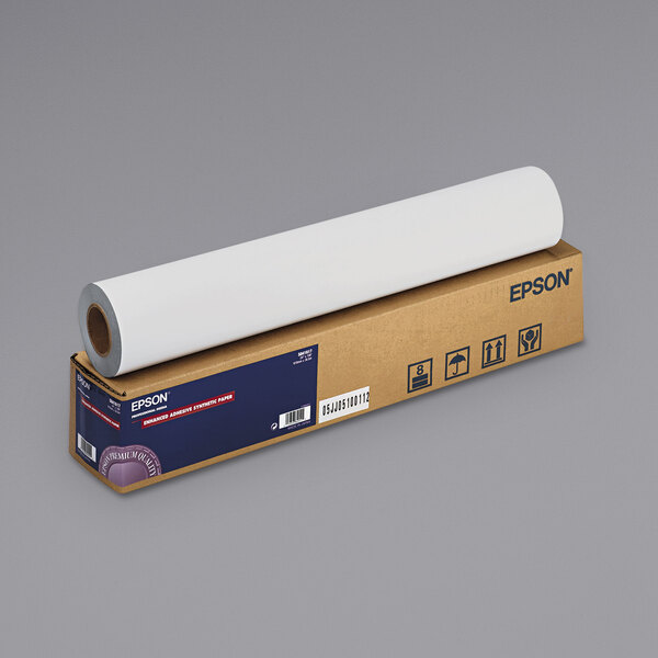 A white roll of Epson Enhanced Adhesive Synthetic Matte Paper.