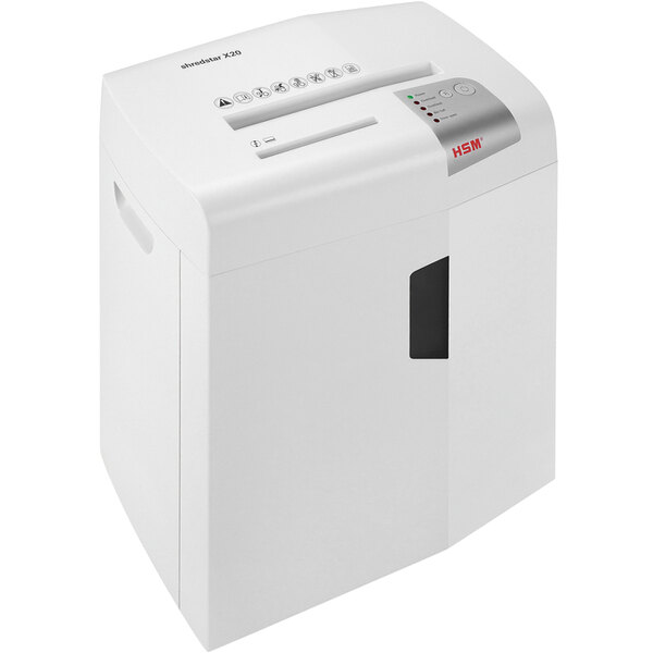 A white HSM ShredStar X20 paper shredder with red and gray buttons.