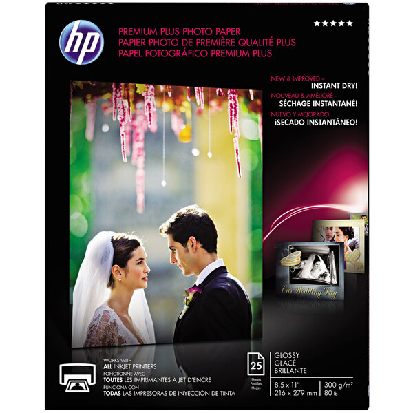A pack of 25 glossy white HP photo paper sheets.