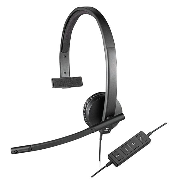 A black Logitech monaural headset with microphone and cable attached.