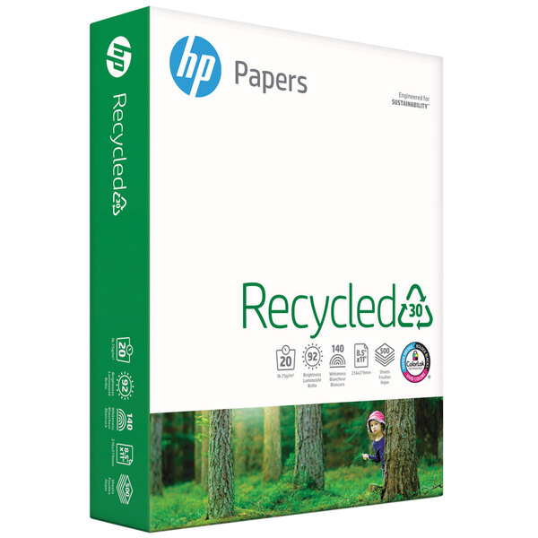 A white box of HP Inc. 112100 8 1/2" x 11" white recycled copy paper.