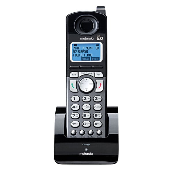 A black Motorola cordless phone handset with a screen.
