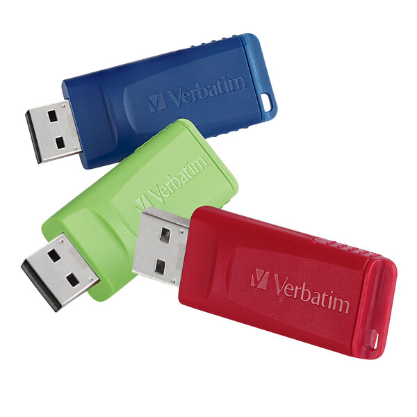 A close-up of blue and green Verbatim USB flash drives. Several Verbatim USB flash drives in different colors on a white background.