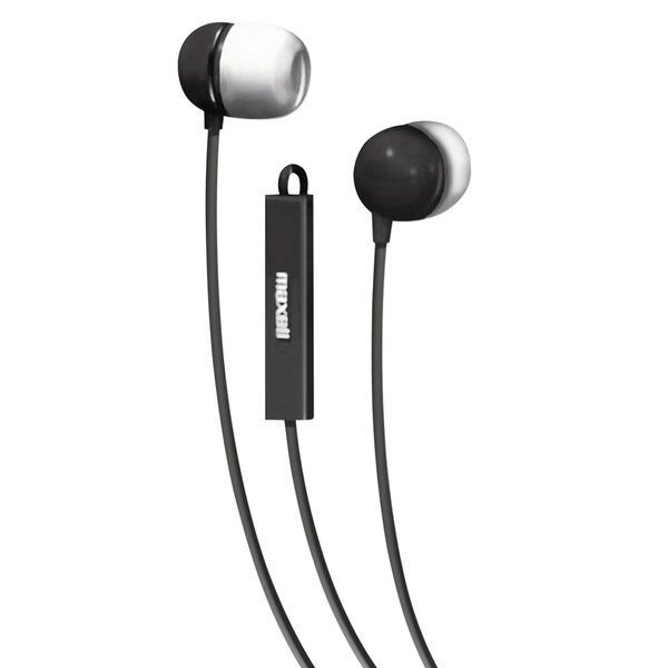Maxell black silicone earbuds with a microphone.