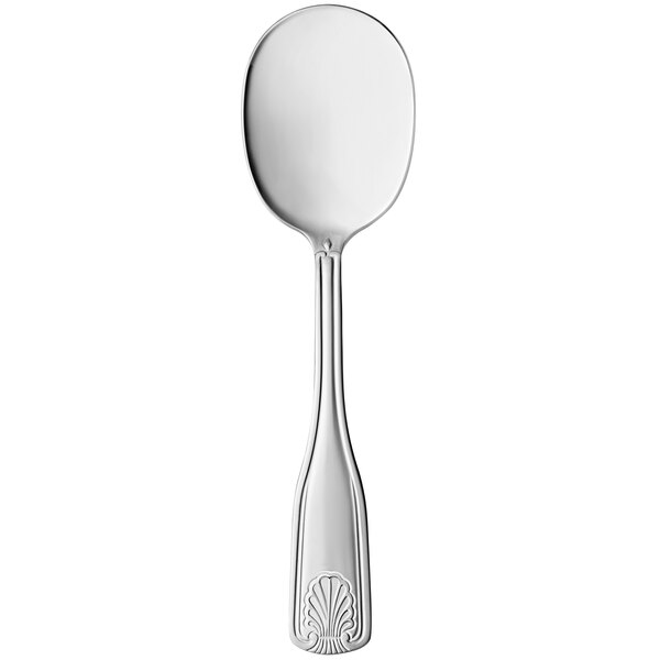 A World Tableware stainless steel bouillon spoon with a design on the handle.