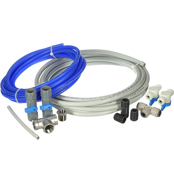 A 3M Water Filtration Products installation kit with a blue and grey hose and fittings.