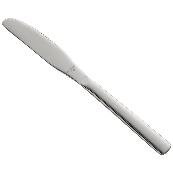 A Libbey stainless steel entree knife with a silver handle.