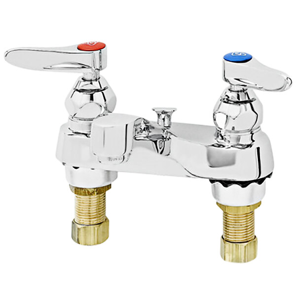 A close-up of a chrome T&S deck mounted lavatory faucet with two handles.