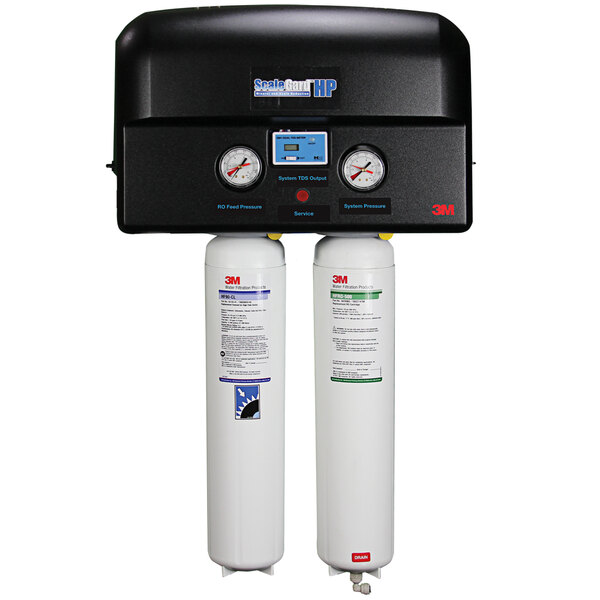 A 3M Water Filtration Products HP ScaleGard Reverse Osmosis System with white cylinders labeled blue and green.