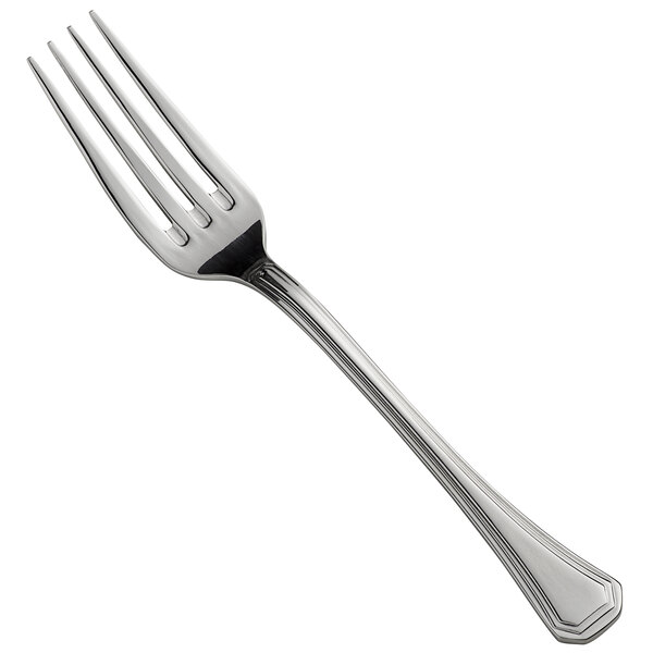 A close-up of a Libbey stainless steel utility/dessert fork with a long silver handle.