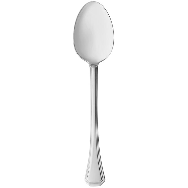 A close-up of a silver spoon with a white background.