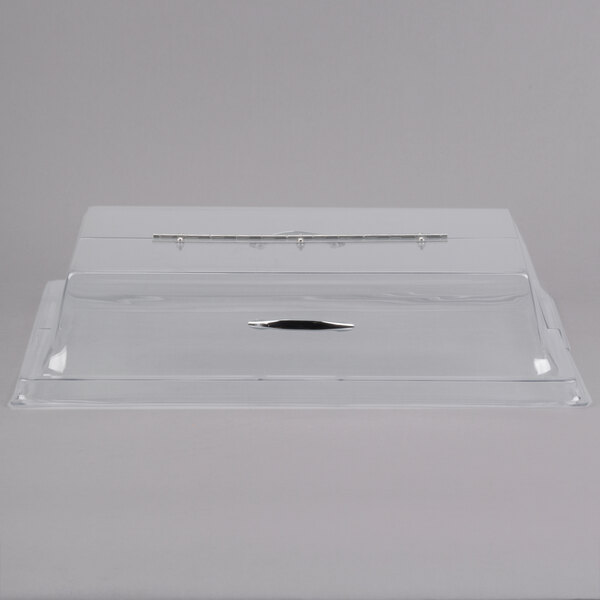 A clear plastic rectangular tray cover with a long hinge.