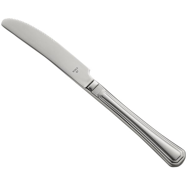 A silver knife with a handle.