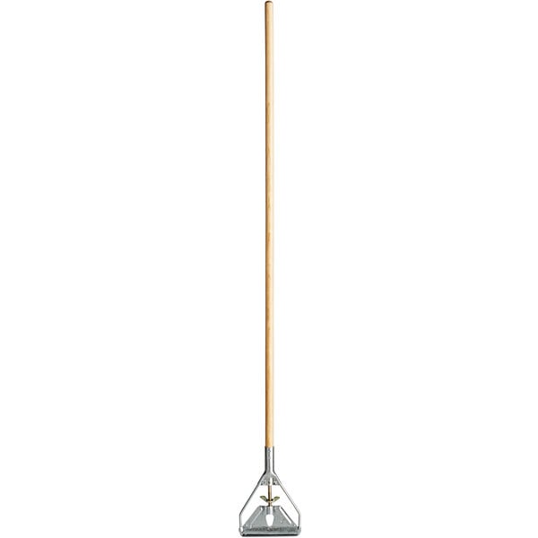 A Rubbermaid wood mop handle with a yellow metal top.