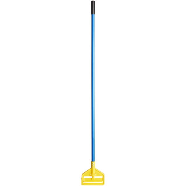 A blue and yellow Rubbermaid fiberglass mop handle.