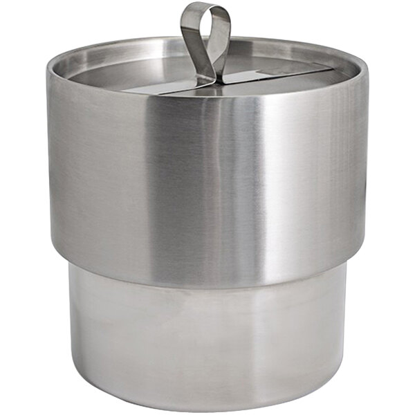 A Room360 brushed stainless steel ice bucket with lid on a counter.
