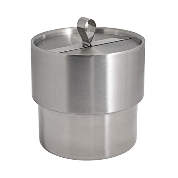 A Room360 brushed stainless steel ice bucket with a lid.