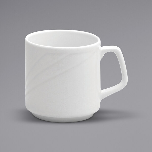 A Oneida Buffalo Arcadia white porcelain mug with a handle.