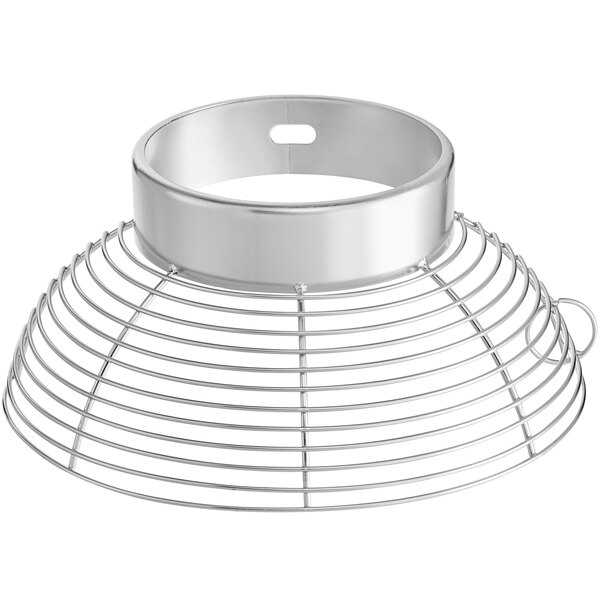 A silver metal wire cone with a silver ring with holes on top.