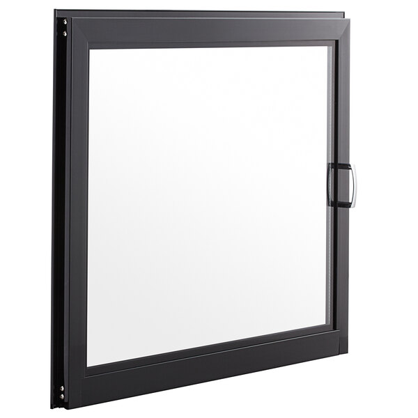 A black rectangular window with a white glass door.