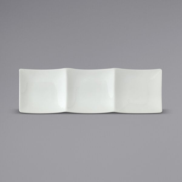 Three white rectangular Oneida Buffalo Bright White Ware porcelain 3 compartment dishes.