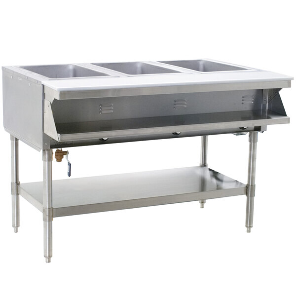 A stainless steel Eagle Group SHT3 steam table with three pans.